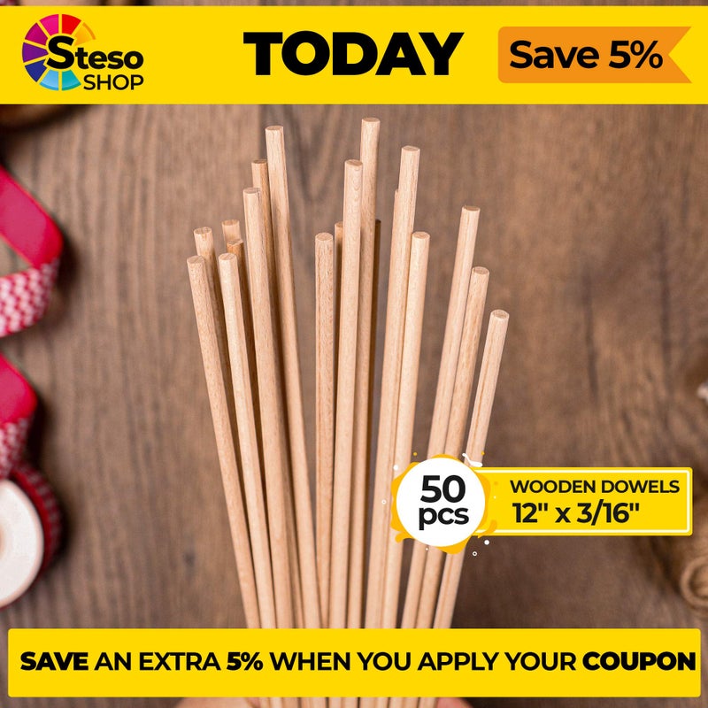 StesoSHOP Wooden Dowel Rods for Craft 3/16 x 12 inch - 50 pcs Sturdy Dowels Wood - Craft Supplies Sticks for Centerpieces - Model Building Wedding Ribbon Wands 3/16 - Image 2